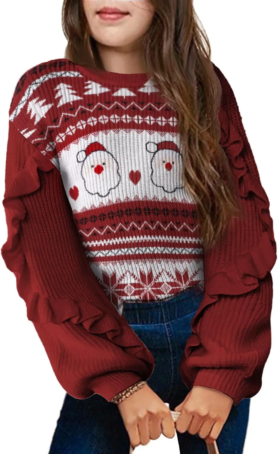 Arshiner Girls Lantern Sleeve Sweaters Crew Neck Knit Top