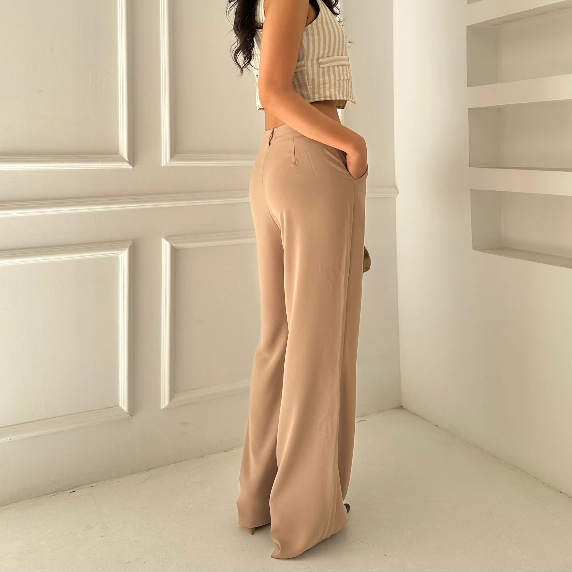 Beige Chic Tailored Wide-Leg Pants