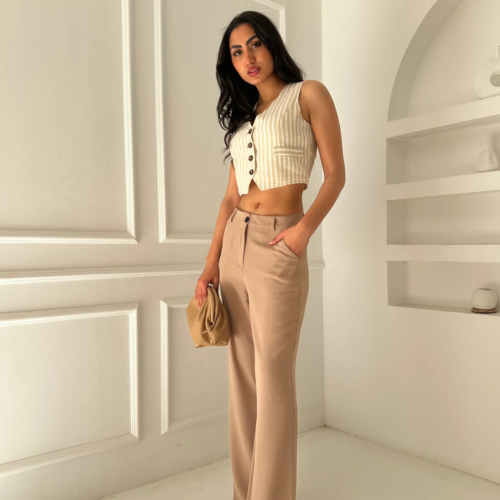 Beige Chic Tailored Wide-Leg Pants