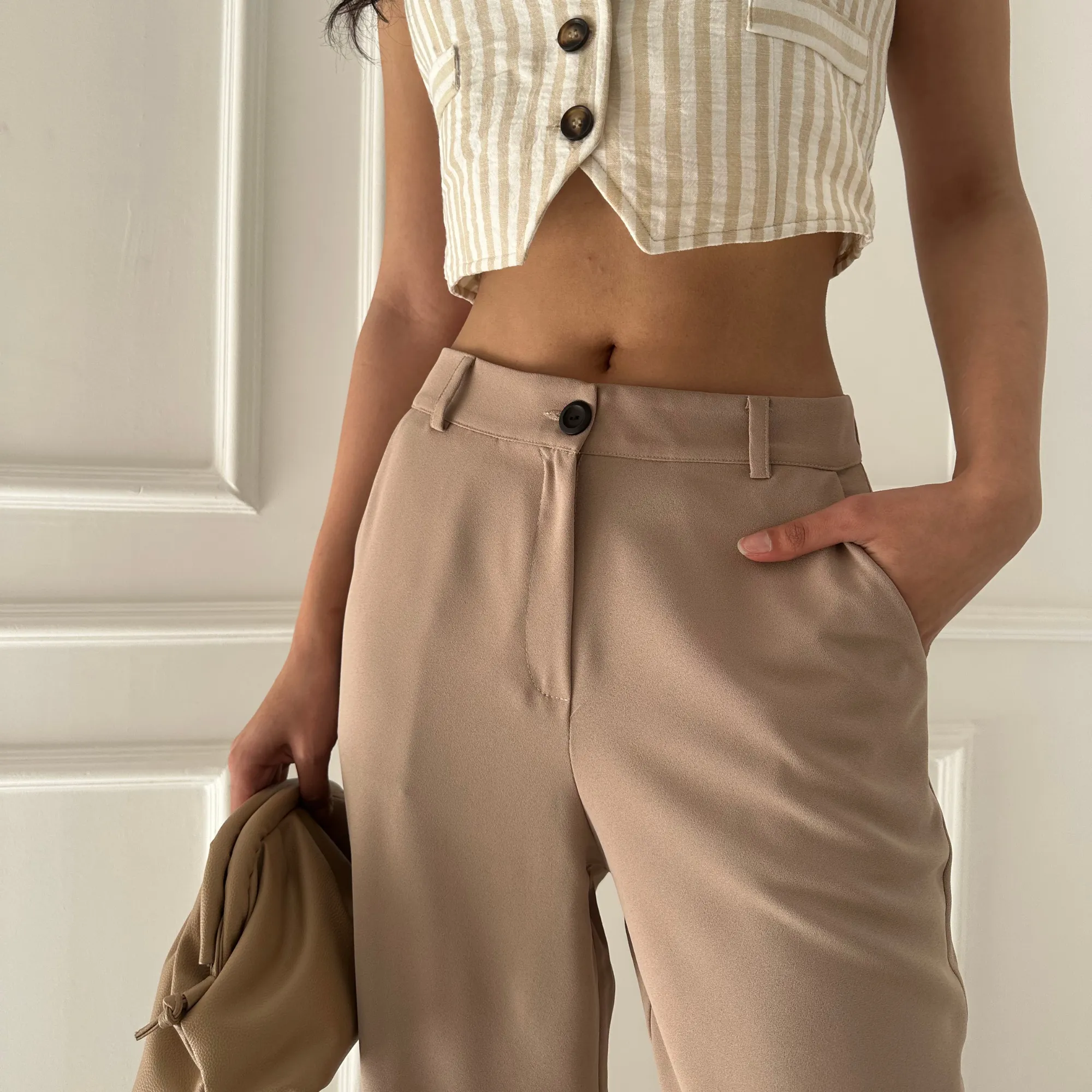 Beige Chic Tailored Wide-Leg Pants