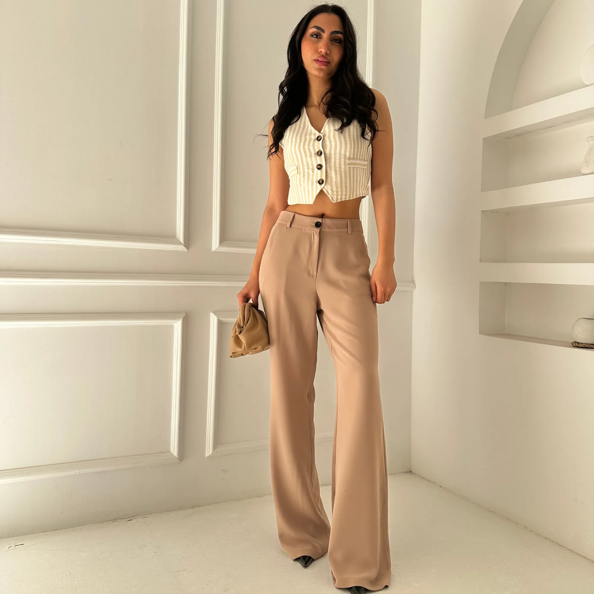 Beige Chic Tailored Wide-Leg Pants