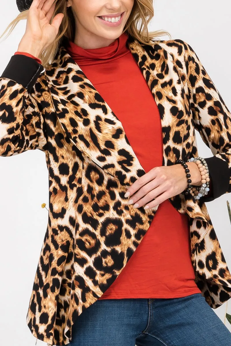 Celeste Leopard Open Front Long Sleeve Blazer