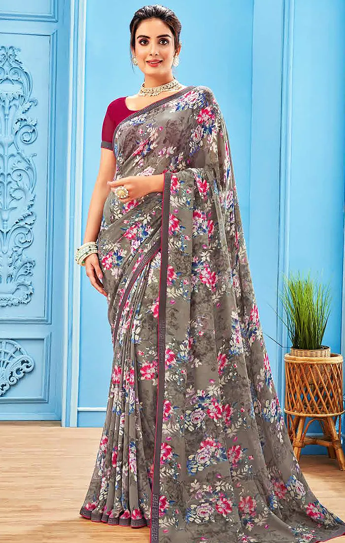 Designer Gray Georgette Printed Saree for Casual Wear (D495)