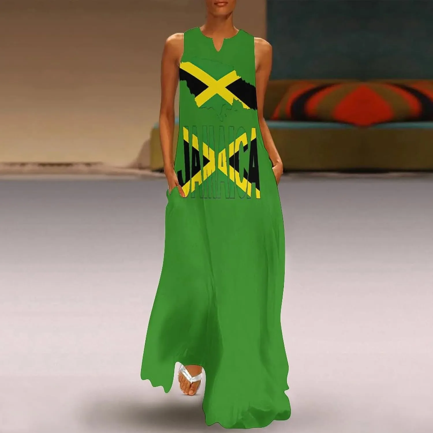 Long Dress Skirts for Womens Summer Top Jamaica Flag Casual V Neck Shift Dress L