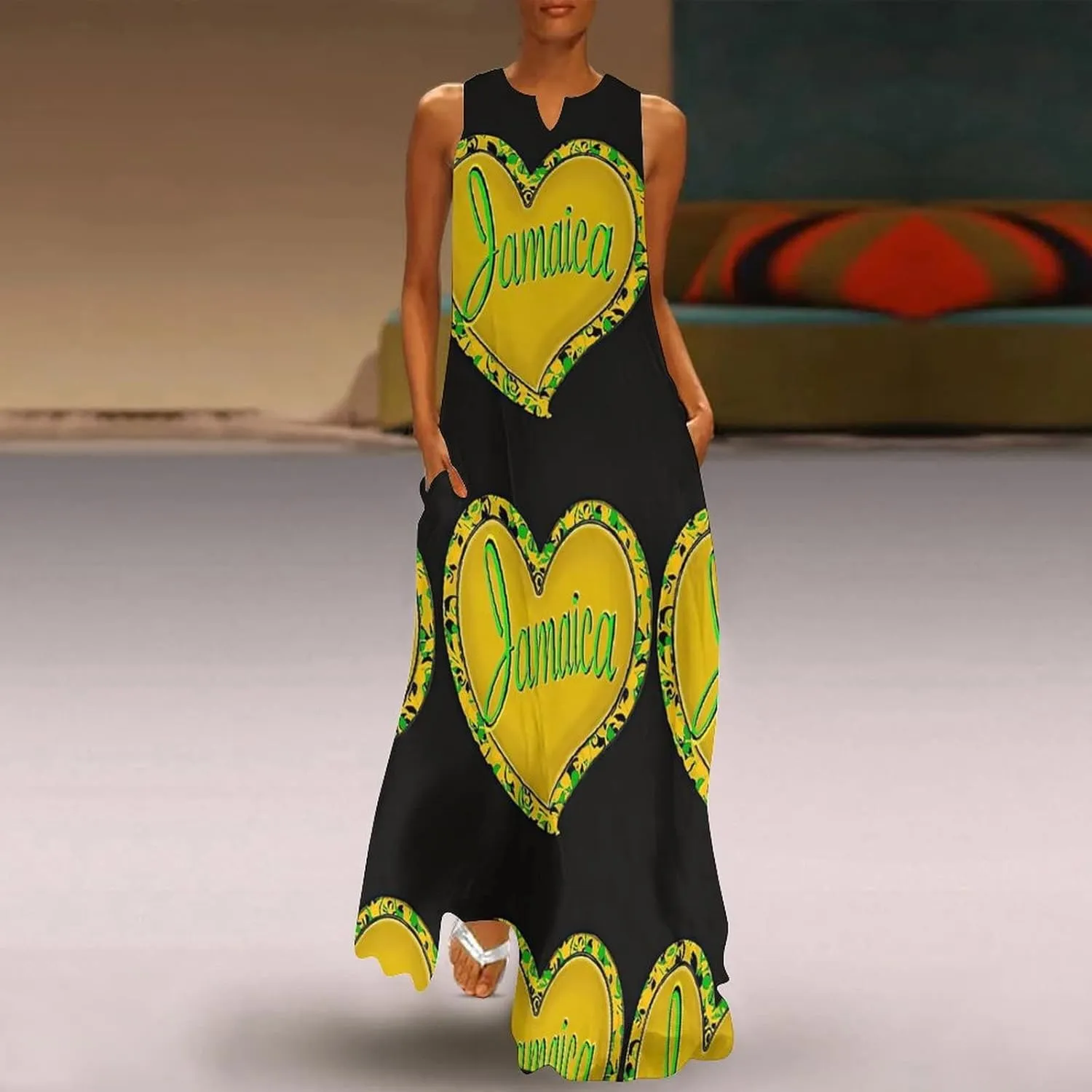 Long Dress Skirts for Womens Summer Top Jamaica Flag Casual V Neck Shift Dress L
