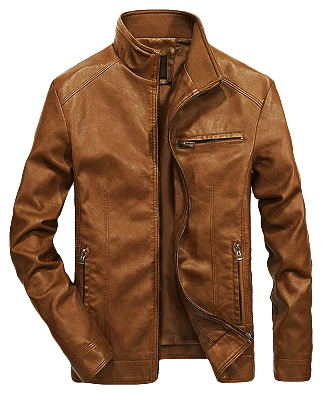 Men's Casual Full-Zip Retro Fitted PU Faux Leather Jacket