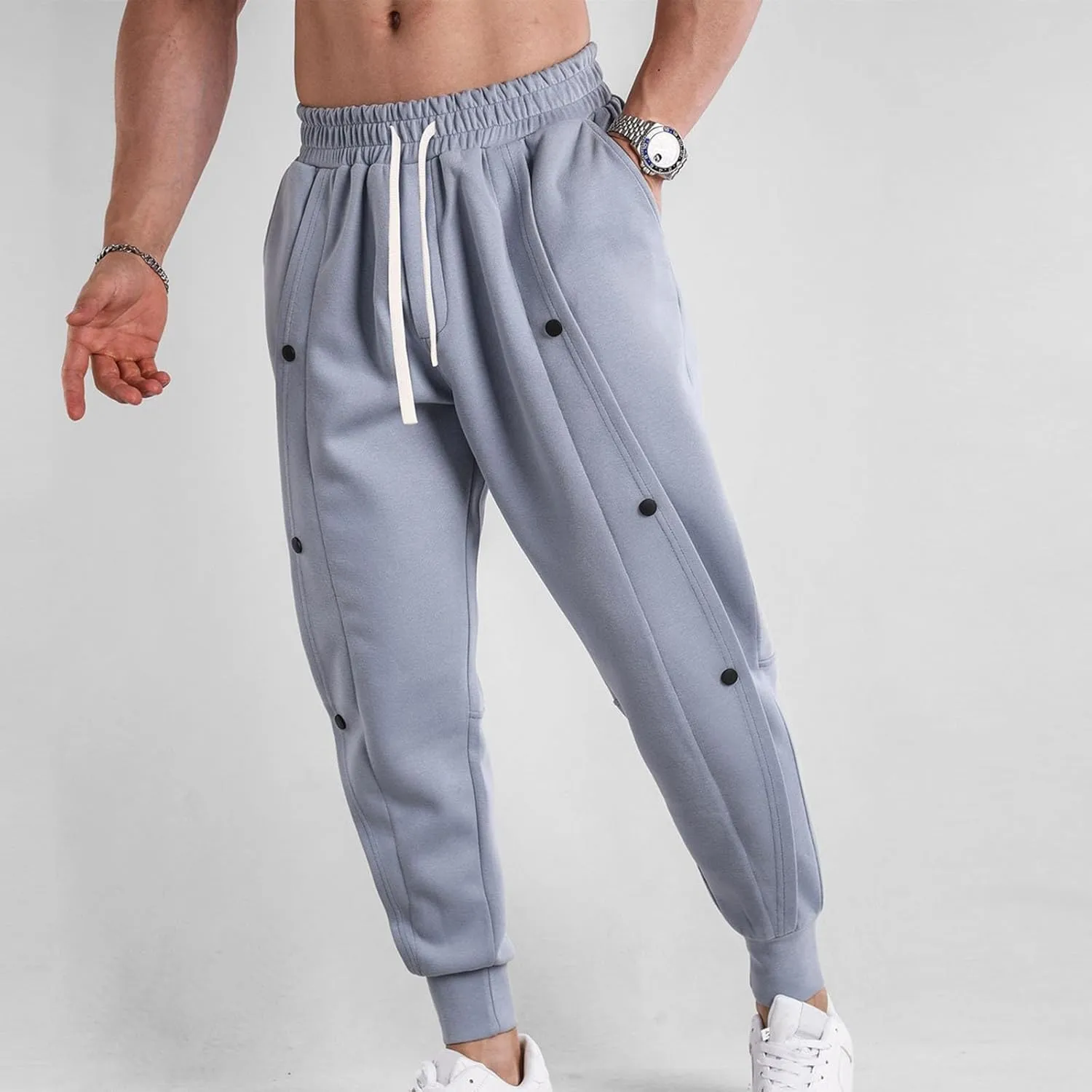 Mens Spring New Sweatpants Solid Color Drawstring Fashion Button Design Tapered Pant Tactical Holiday Outdoor Casual Trousers