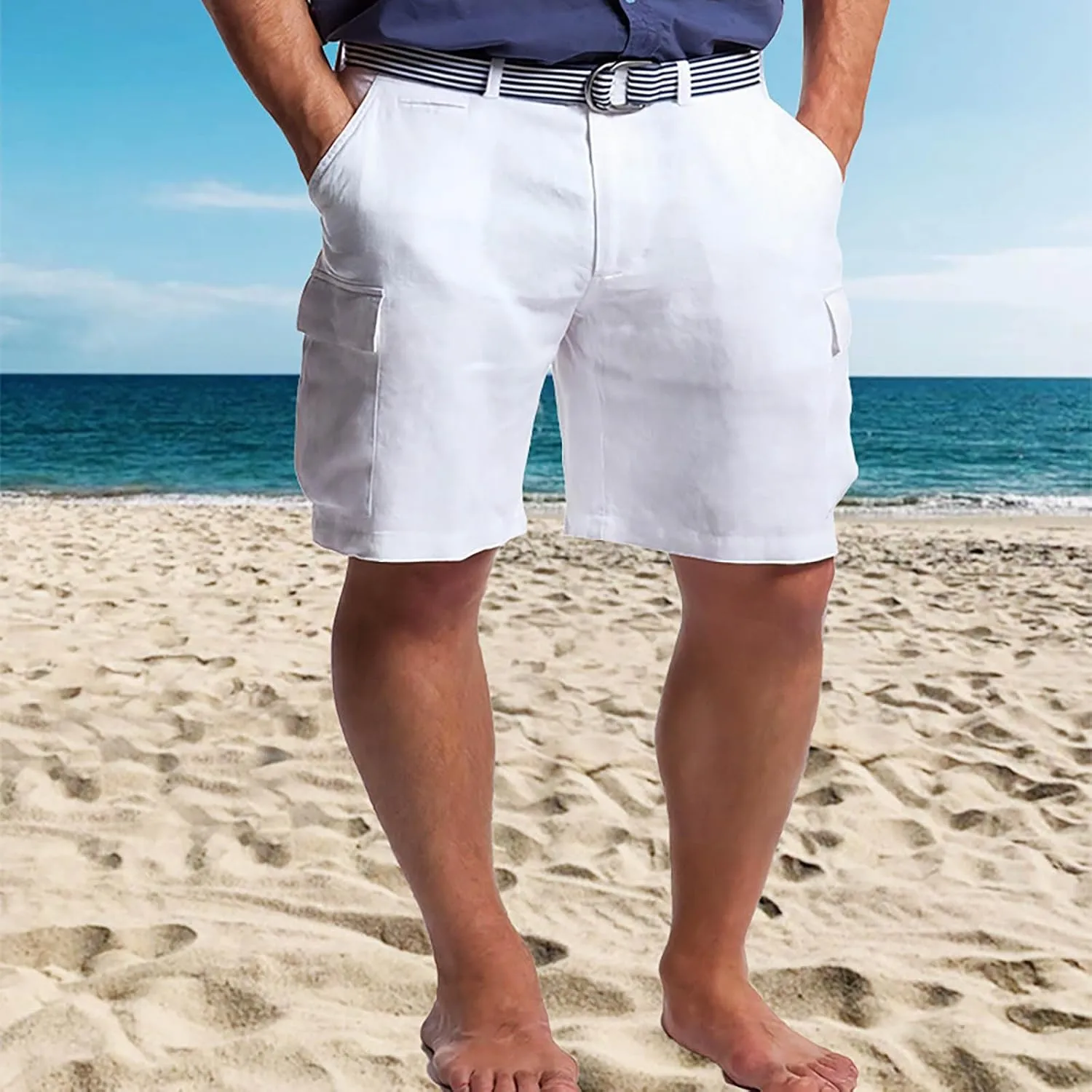 Mens Summer Workout Shorts Cotton and Linen Solid Color Multi Pockets Fashion Beach Pants Combat Vacation Casual Cool Bermuda