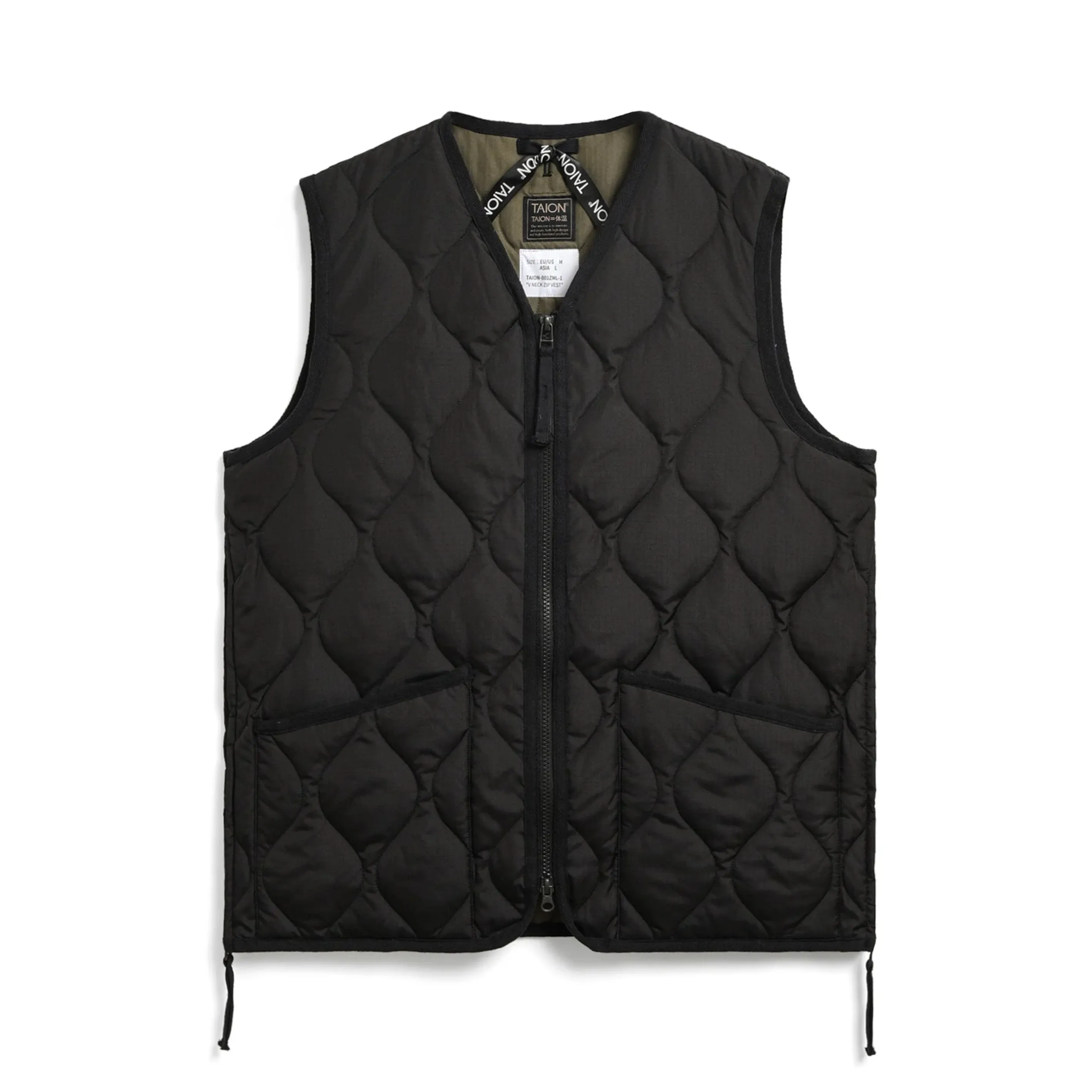 Military Zip V-Neck Down Vest - Black