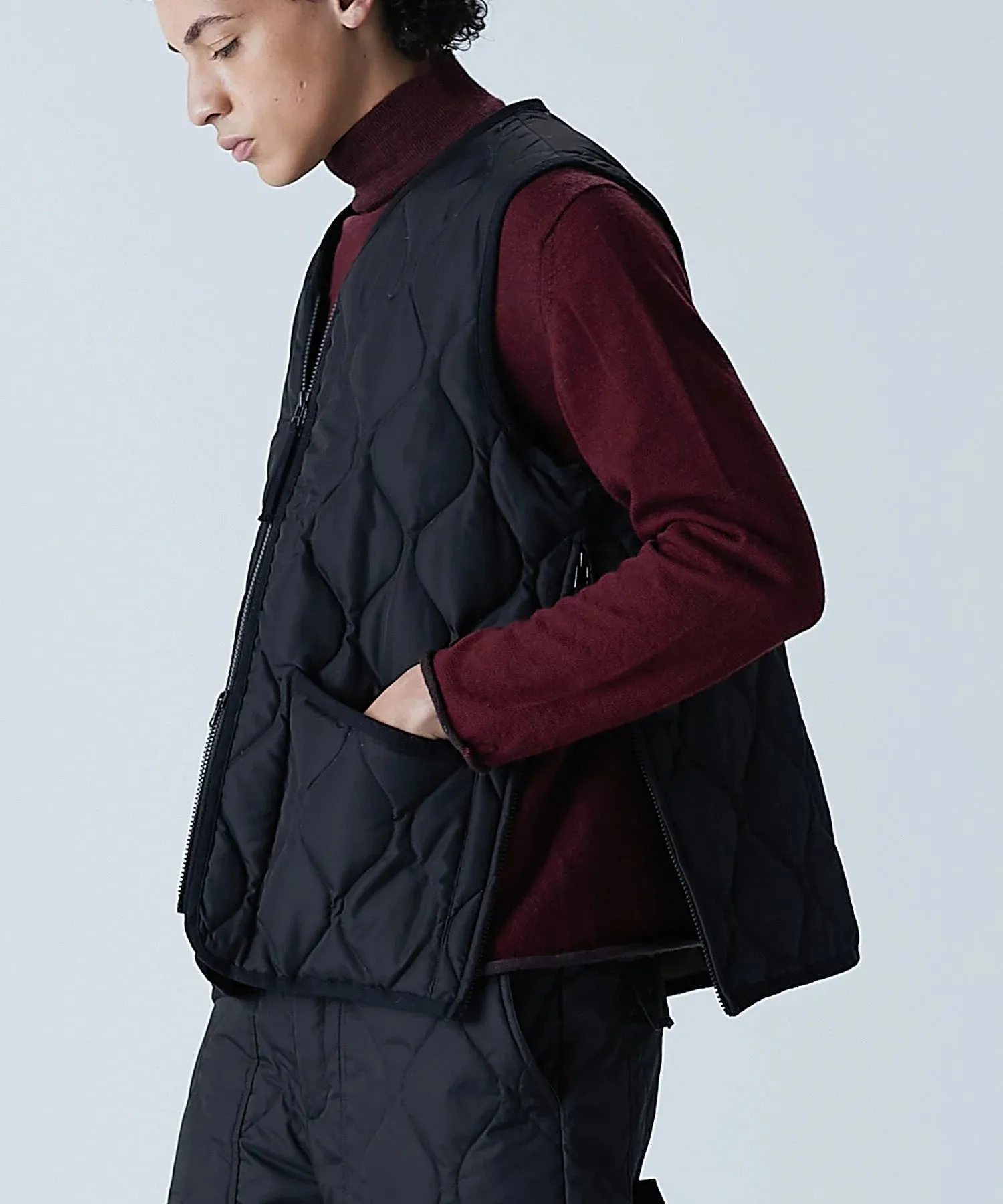 Military Zip V-Neck Down Vest - Black
