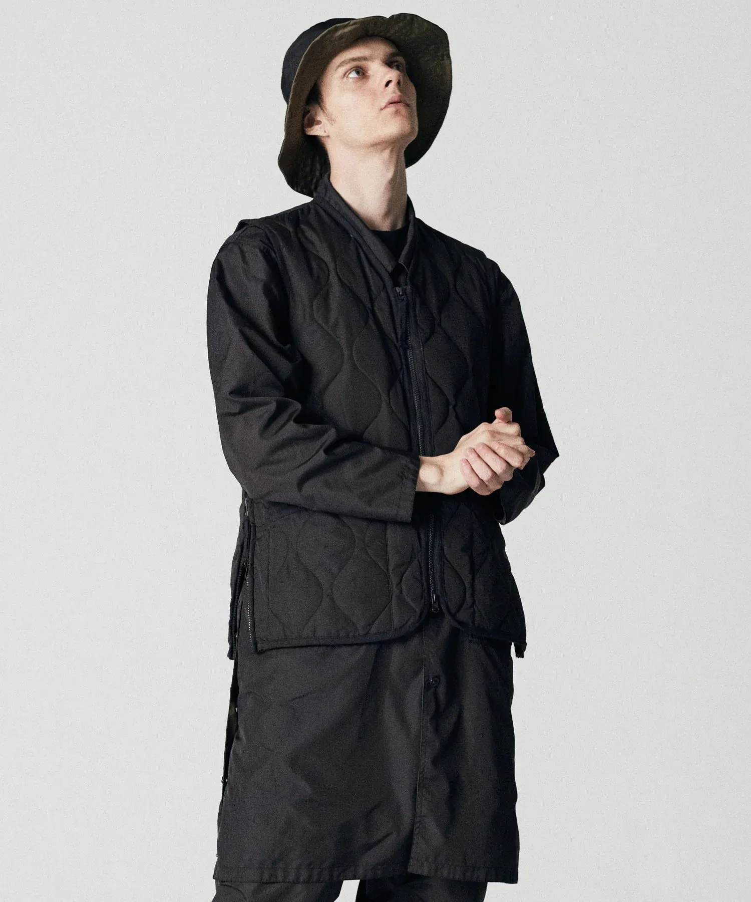 Military Zip V-Neck Down Vest - Black