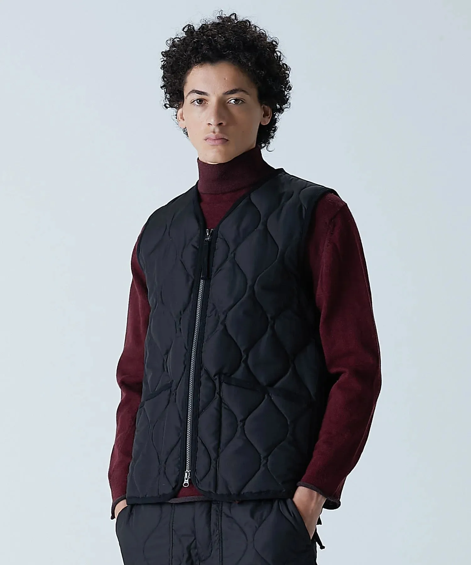 Military Zip V-Neck Down Vest - Black