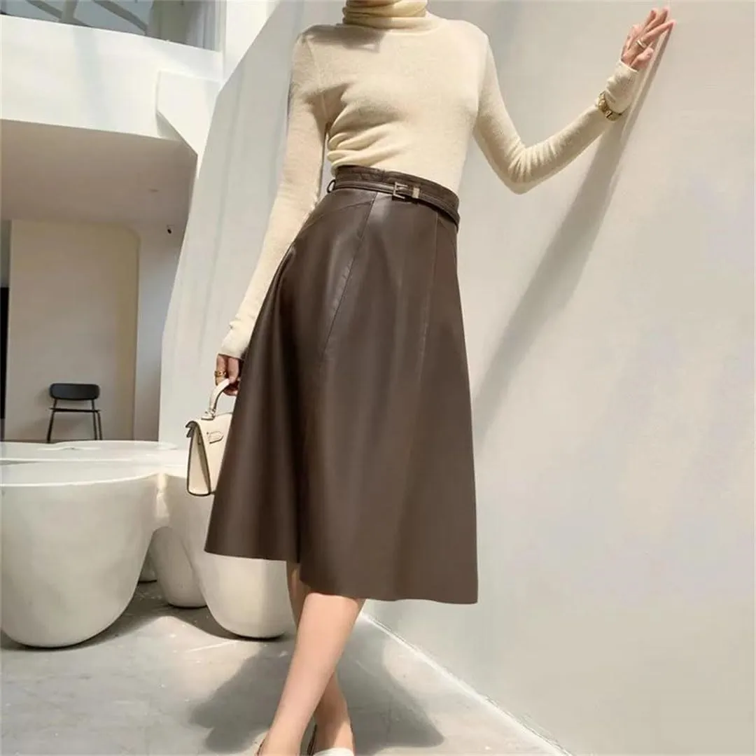 Pulcykp Women Leather A-Line Midi Skirt High Waist Knee-Length Skirt with Belt Slim Real Leather Skirts