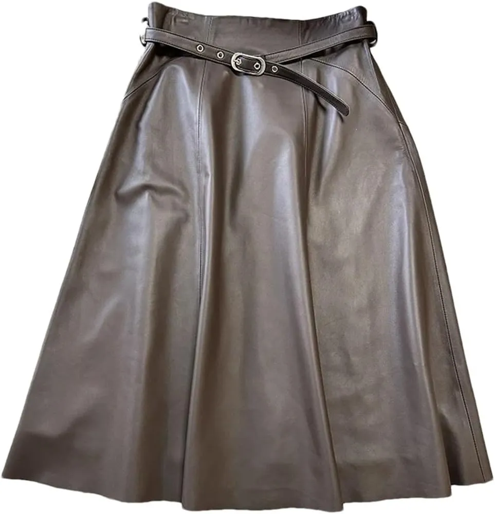 Pulcykp Women Leather A-Line Midi Skirt High Waist Knee-Length Skirt with Belt Slim Real Leather Skirts