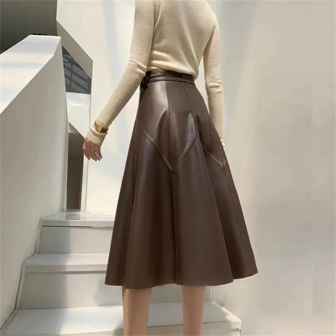 Pulcykp Women Leather A-Line Midi Skirt High Waist Knee-Length Skirt with Belt Slim Real Leather Skirts