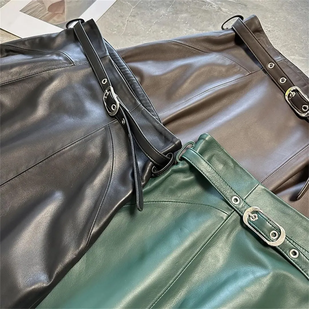 Pulcykp Women Leather A-Line Midi Skirt High Waist Knee-Length Skirt with Belt Slim Real Leather Skirts