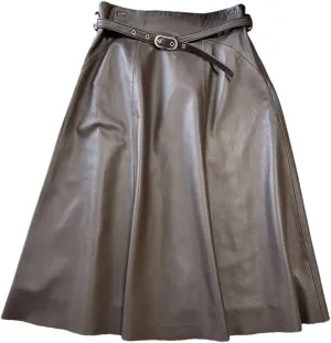 Pulcykp Women Leather A-Line Midi Skirt High Waist Knee-Length Skirt with Belt Slim Real Leather Skirts