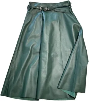 Pulcykp Women Leather A-Line Midi Skirt High Waist Knee-Length Skirt with Belt Slim Real Leather Skirts