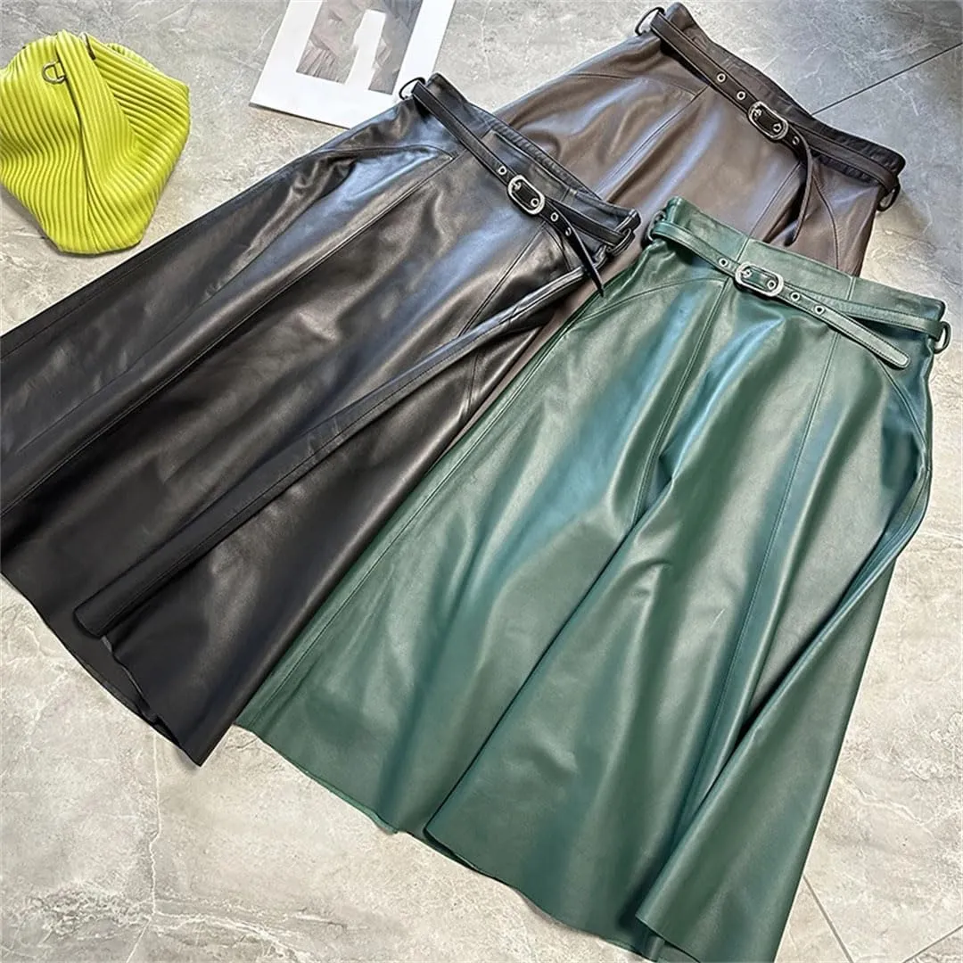 Pulcykp Women Leather A-Line Midi Skirt High Waist Knee-Length Skirt with Belt Slim Real Leather Skirts
