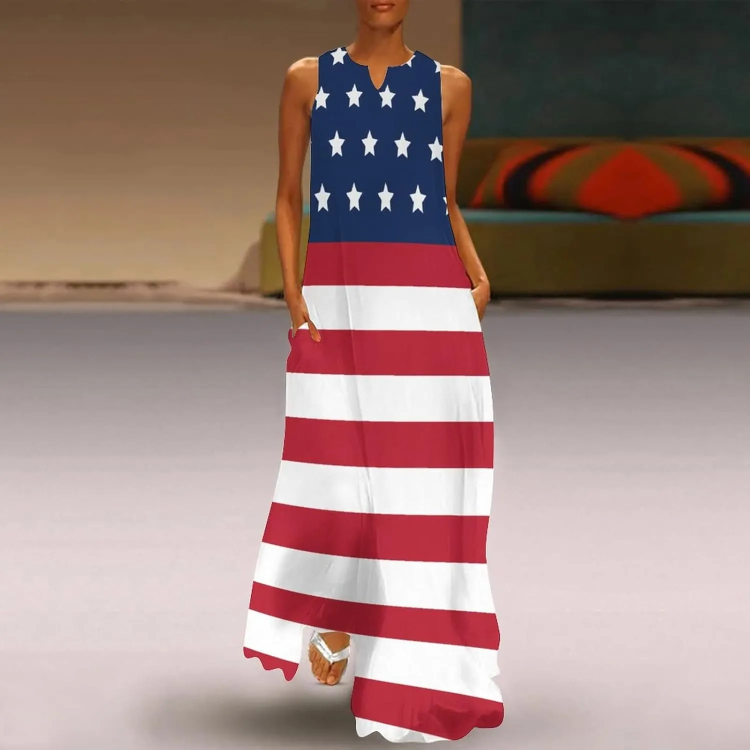 TAIZIYEAH Long Dress Elegant Casual Long Dress American Flag Girls Summer Sunshine Beach Skirts for Womens L