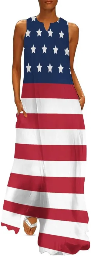 TAIZIYEAH Long Dress Elegant Casual Long Dress American Flag Girls Summer Sunshine Beach Skirts for Womens L