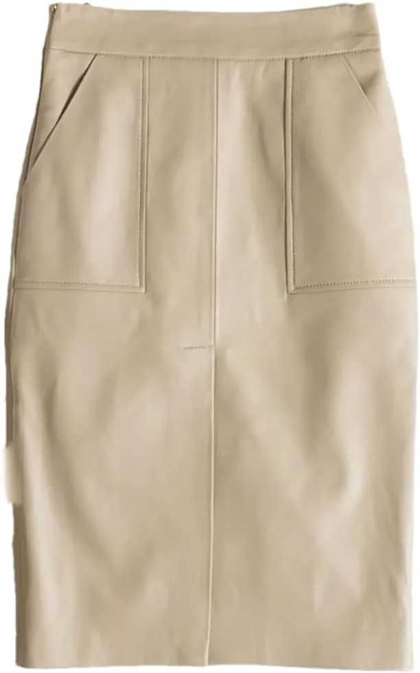 Women Commuting Leather Skirt Front Split Wrap Midi Skirt High Waist Solid Knee-Length A-Line Skirt