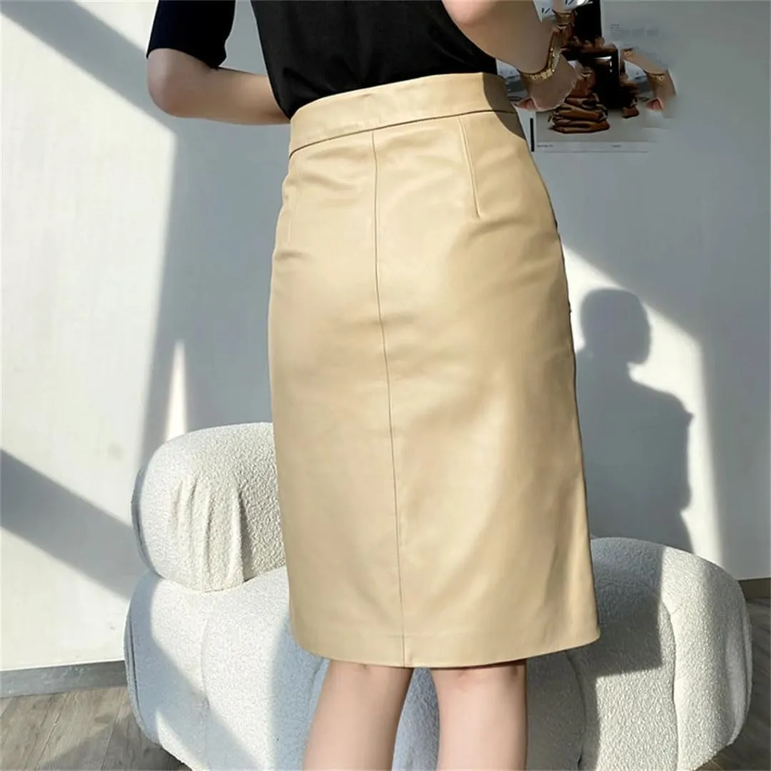 Women Commuting Leather Skirt Front Split Wrap Midi Skirt High Waist Solid Knee-Length A-Line Skirt