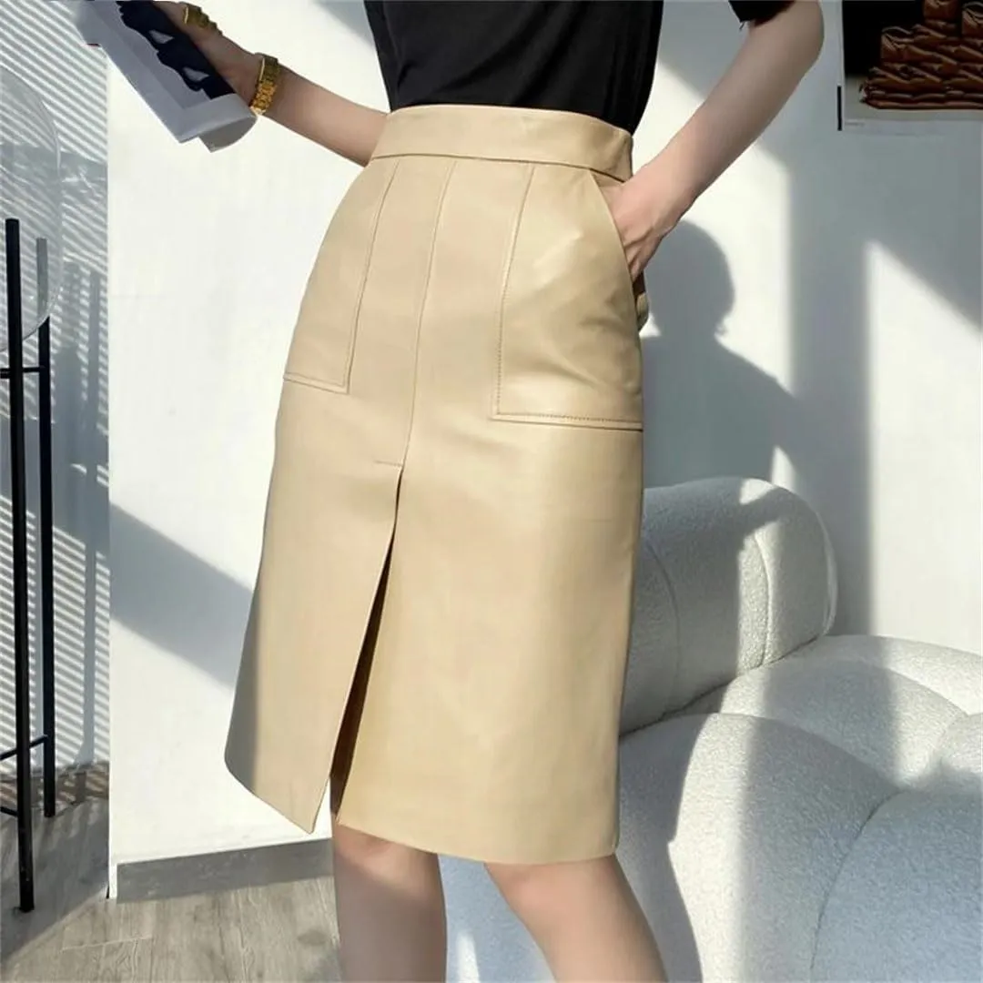Women Commuting Leather Skirt Front Split Wrap Midi Skirt High Waist Solid Knee-Length A-Line Skirt