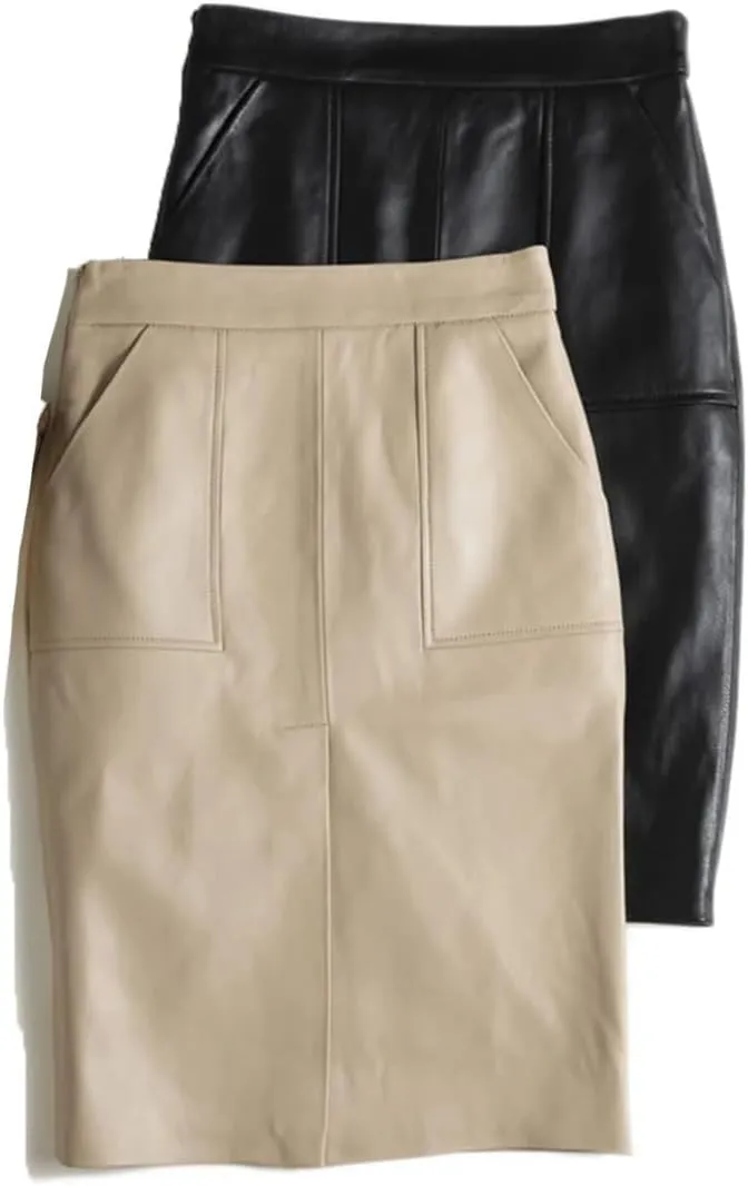 Women Commuting Leather Skirt Front Split Wrap Midi Skirt High Waist Solid Knee-Length A-Line Skirt
