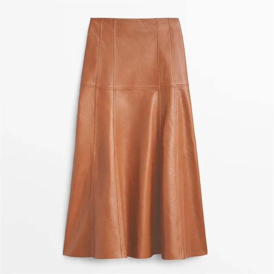 Women Leather Mermaid Skirt High Waist Stitching Midi Skirts Solid Office Skirt