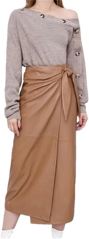 Women Leather Wrap Skirt Soft High Waist Lace Split Midi Skirt Slim Lace-Cp Pencil Skirt