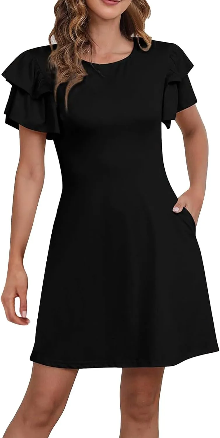 Women Ruffle Sleeve Elegant Wedding Mini Dress 2024 Summer A-Line Beach Dresses High Waisted Slim Sundress with Pocket