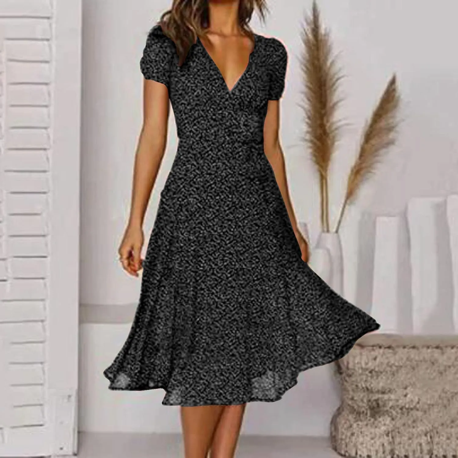 Womens Casual Floral A-Line Dresses V Neck Short Sleeve Lightweight Flowy Beach Sundress 2024 Trend Teaparty Traveling Dress