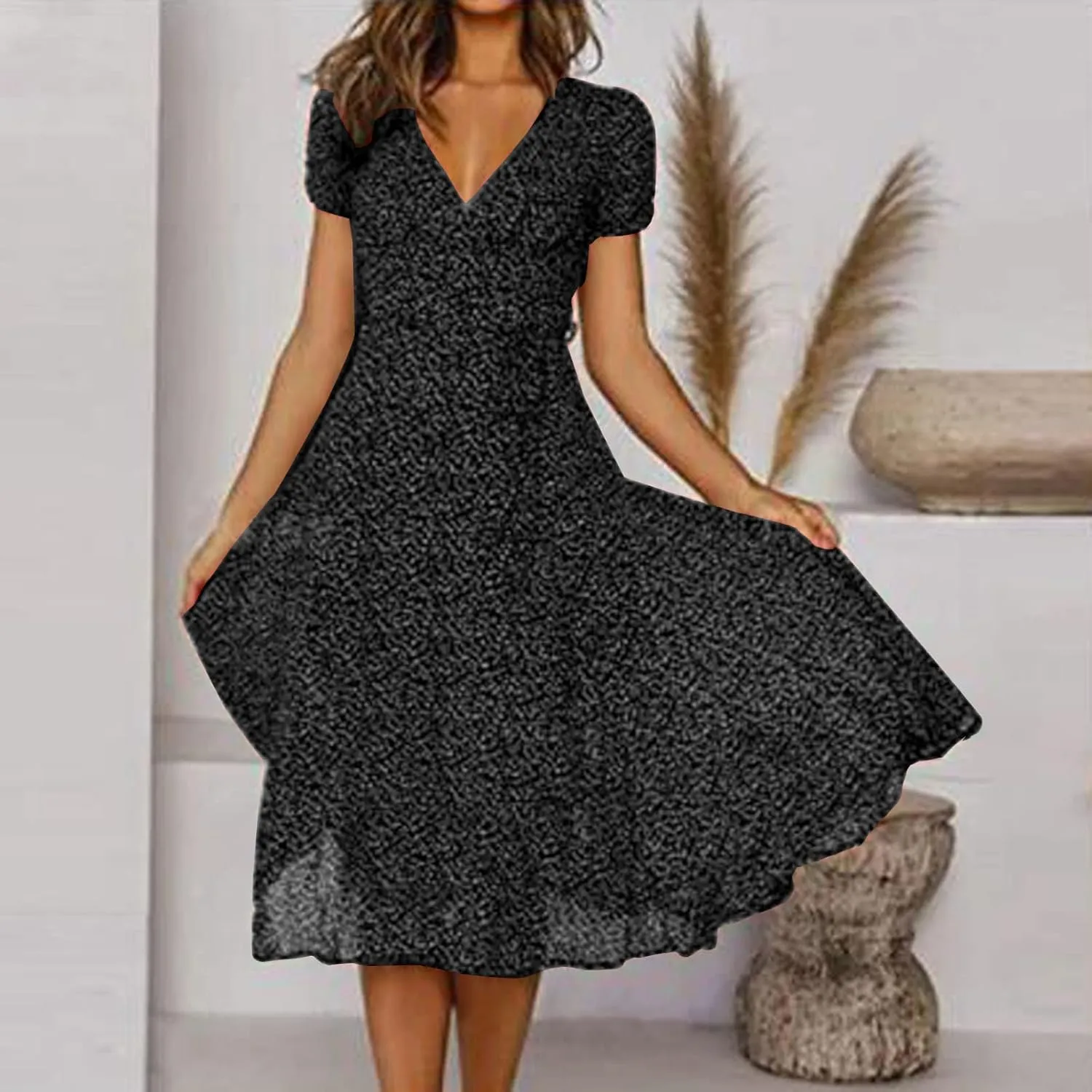 Womens Casual Floral A-Line Dresses V Neck Short Sleeve Lightweight Flowy Beach Sundress 2024 Trend Teaparty Traveling Dress