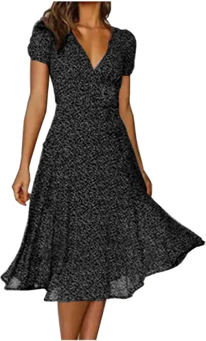 Womens Casual Floral A-Line Dresses V Neck Short Sleeve Lightweight Flowy Beach Sundress 2024 Trend Teaparty Traveling Dress