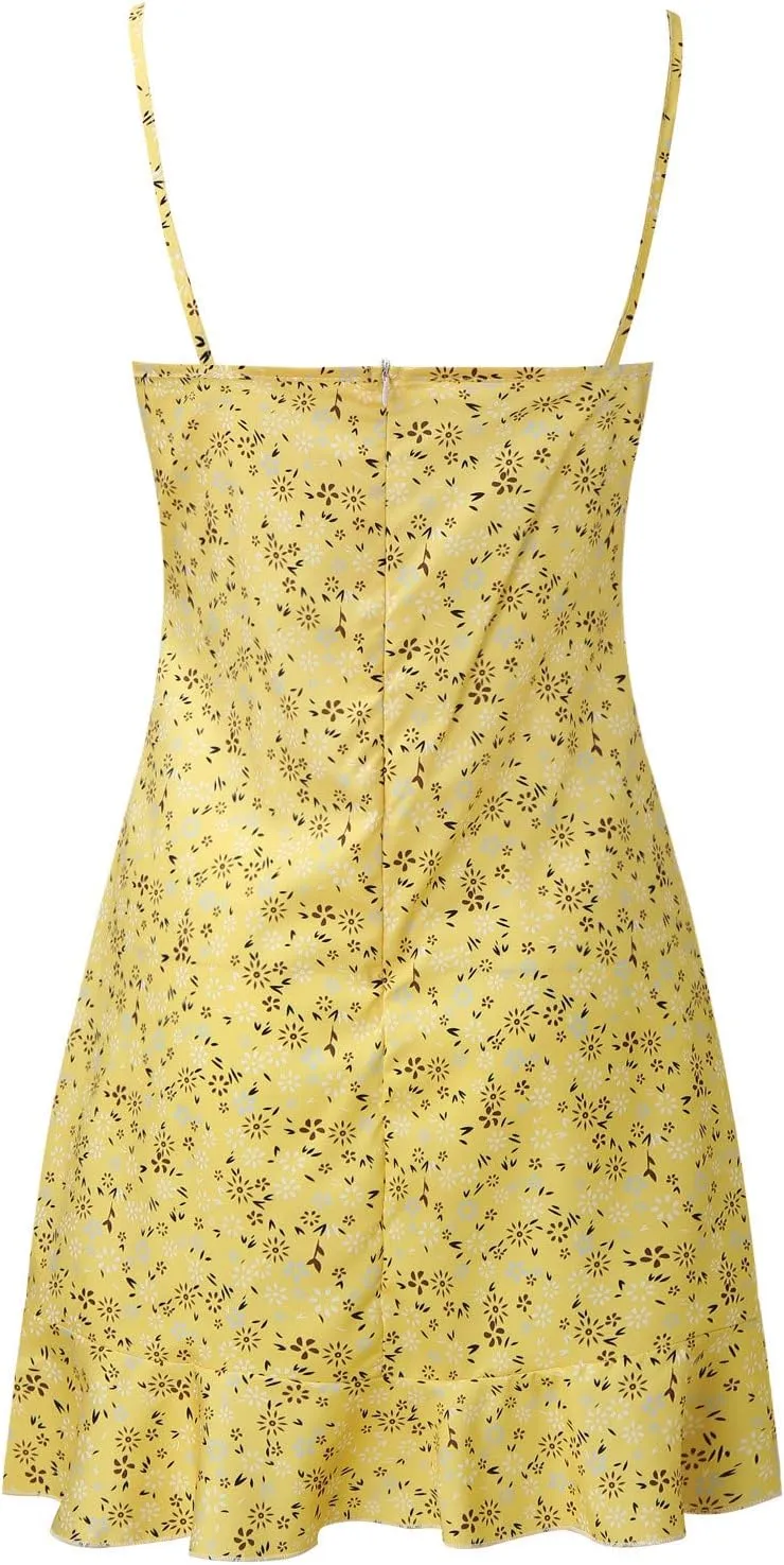 Womens Mini Floral Dresses 2024 Summer Lightweight Casual Dress Spaghetti Strap Bodycorn Ruffle Fashion Print Sundress