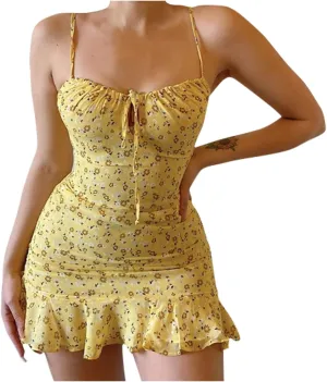 Womens Mini Floral Dresses 2024 Summer Lightweight Casual Dress Spaghetti Strap Bodycorn Ruffle Fashion Print Sundress