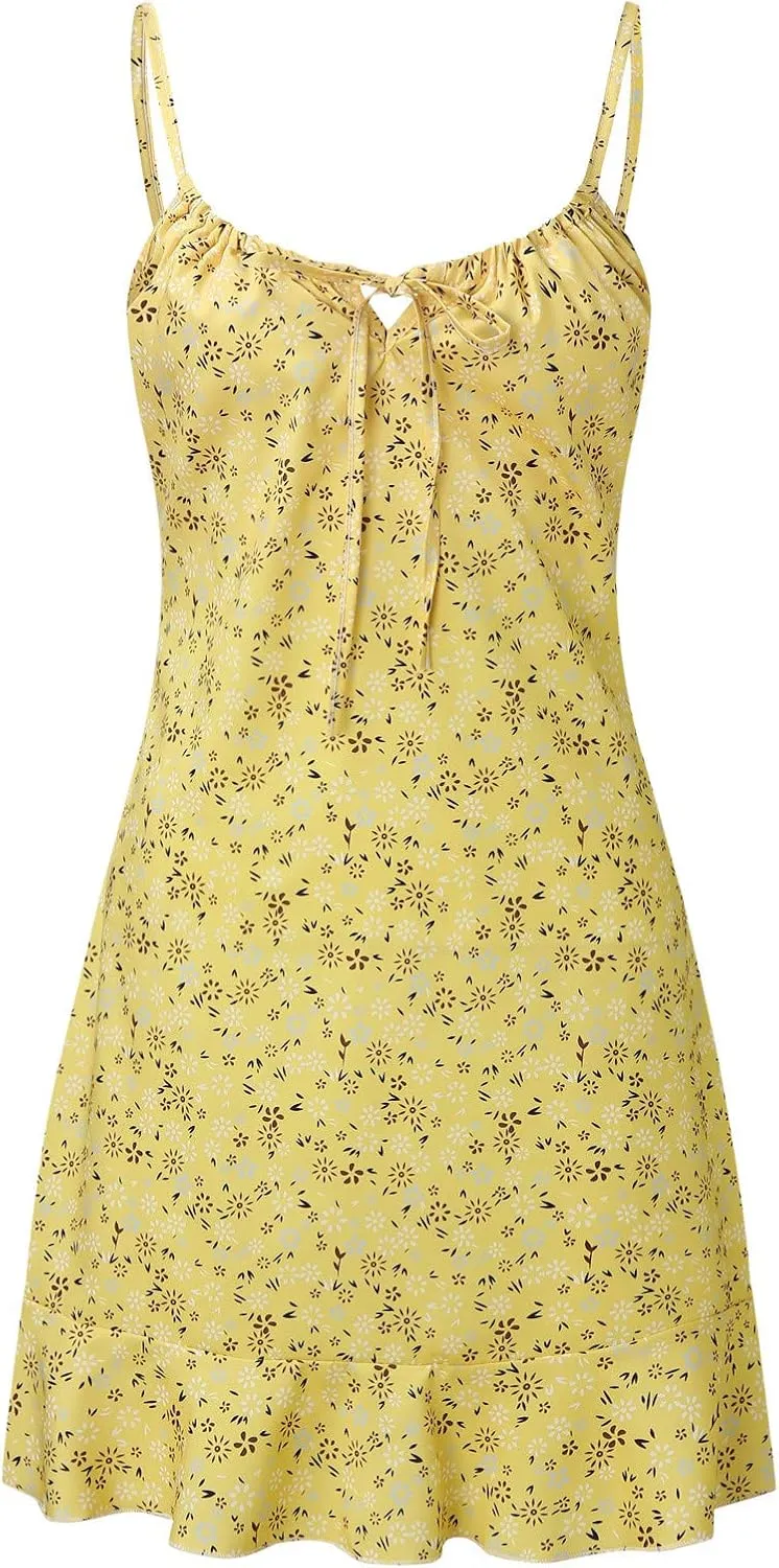 Womens Mini Floral Dresses 2024 Summer Lightweight Casual Dress Spaghetti Strap Bodycorn Ruffle Fashion Print Sundress
