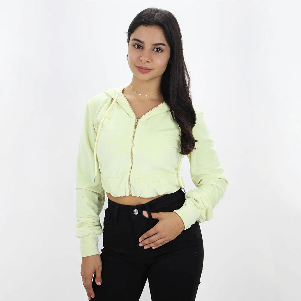 Women's Plain Solid Zipper Fly Crop Hoodie,Light Yellow
