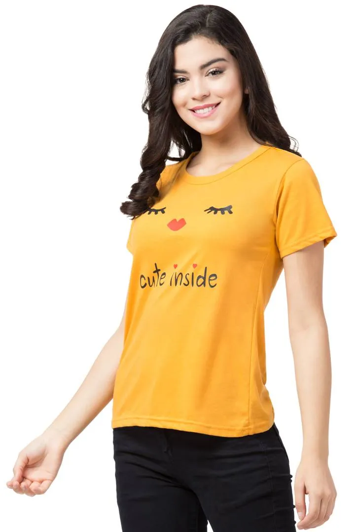 Women's Yellow Printed Cotton Round Neck T-Shirt